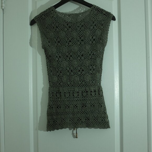 Blumind Grey green cotton crochet top tunic with waist tie size S - Picture 2 of 7